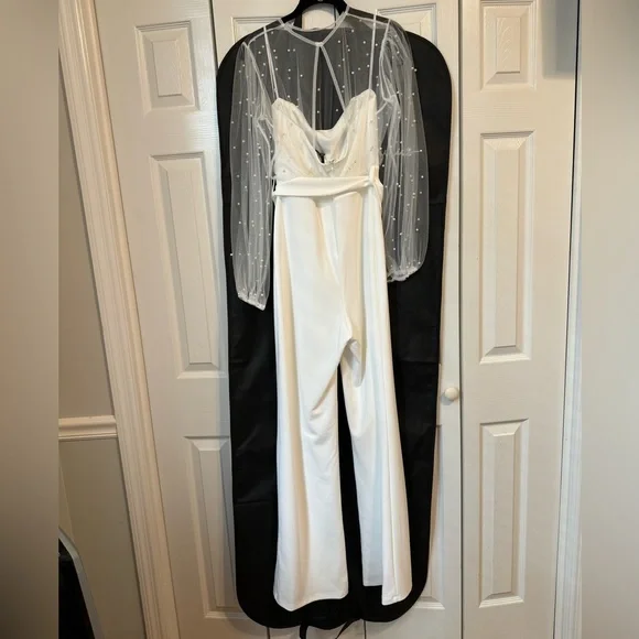 Lulus - Lavish Darling White Mesh Pearl Belted Wide-Leg Jumpsuit - Picture 4 of 5